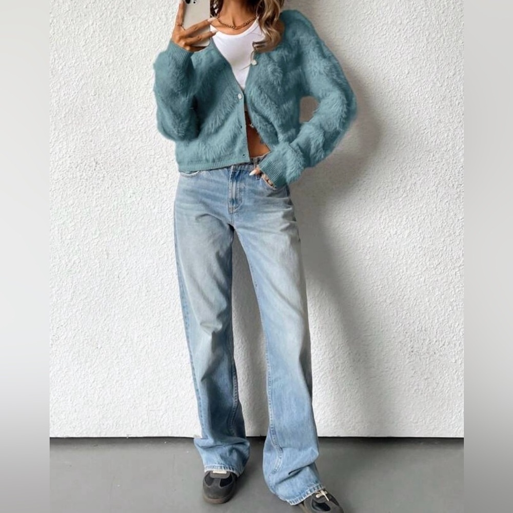 Women's Teal Fuzzy Cardigan - Picture 5 of 7